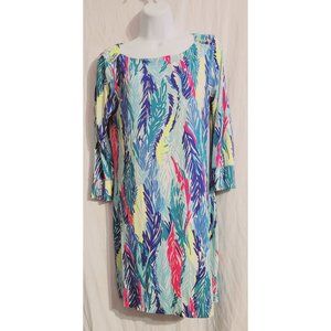 Lilly Pulitzer Pink Green Blue Jersey Sophie Gold Tone Button Knit Cocktail Dres